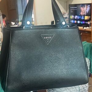 Guess Black Saffiano Leather Satchel with Logo Triangle